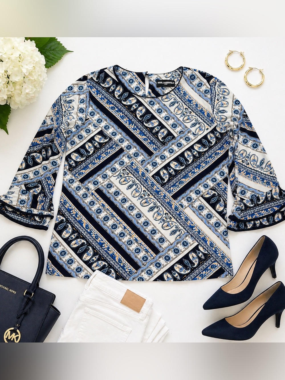 Karl Lagerfeld Navy and White Paisley-Striped Long Sleeve Top